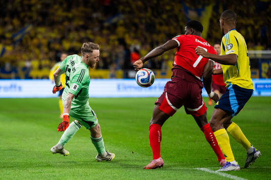 Goalkeeper Viktor Johansson and Isak Hien of Sweden and