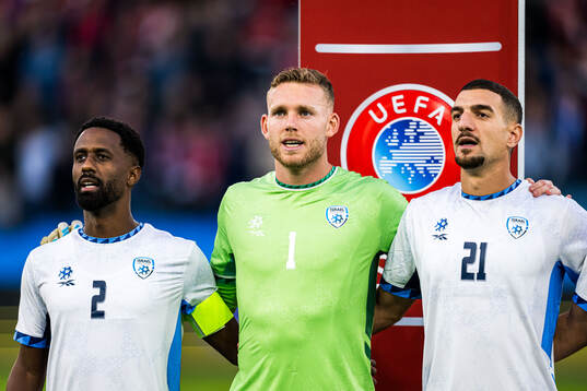 Eli Dasa, goalkeeper Daniel Peretz and Or Blorian of Israel