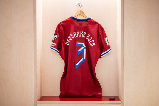 The kit of Kristoffer Ajer of Norway in the dressing room