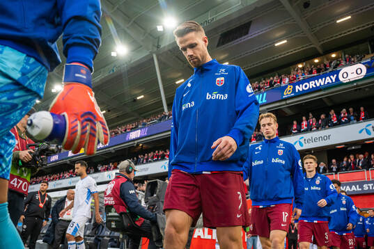 Kristoffer Ajer of Norway enters the pitch