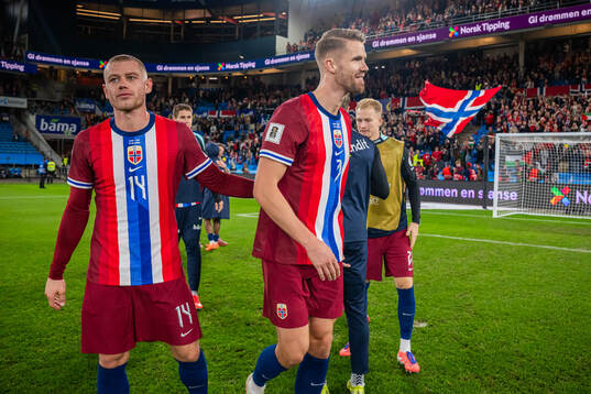 Julian Ryerson and Kristoffer Ajer of Norway