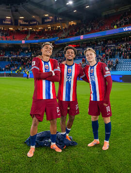 Antonio Nusa, Oscar Bobb and Andreas Schjelderup of Norway