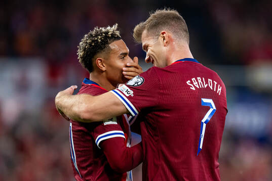 Antonio Nusa of Norway celebrates with teammate Alexander