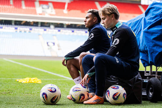 Antonio Nusa and Andreas Schjelderup of the Norwegian