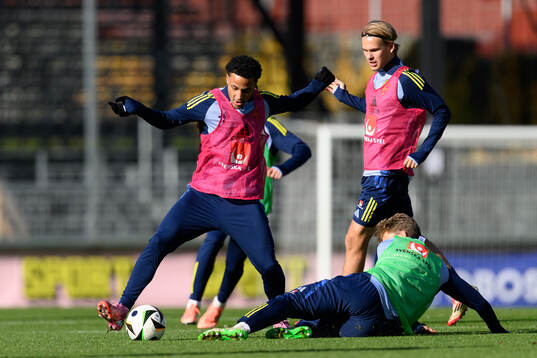Momodou Sonko and Markus Karlsson of the Swedish under-21