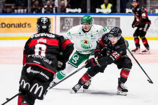 Rögles Simon Zether och Malmö Redhawks Janne Kuokkanen