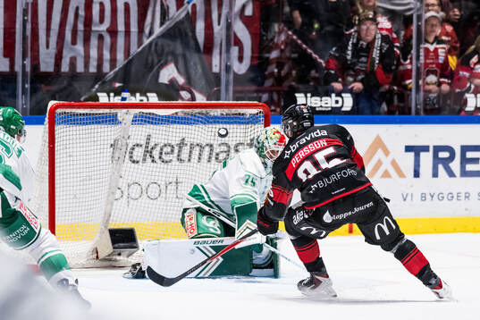 Rögles målvakt Arvid Holm och Malmö Redhawks Carl Persson