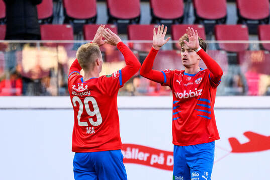 Helsingborgs Oscar Aga och Alexander Johansson jublar