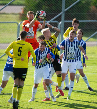 Trelleborgs målvakt greppar bollen i matchen i division 2
