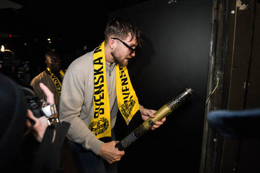 Mjällbys målvakt Noel Törnqvist på guldbanketten