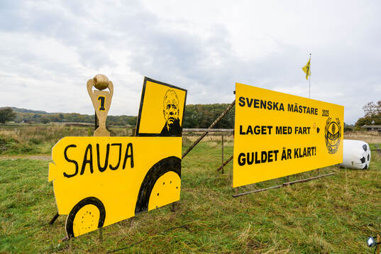 Skylt med texten Svenska mästare 2025, Laget med fart,