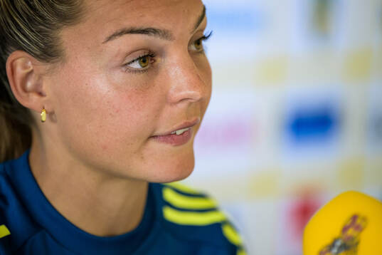 Johanna Rytting Kaneryd is interviewed by the media at a
