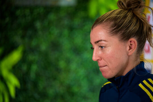 Linda Sembrant is interviewed by the media at a press event