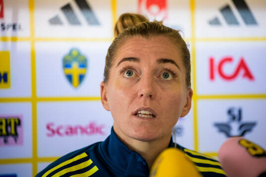 Linda Sembrant is interviewed by the media at a press event