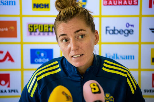 Linda Sembrant is interviewed by the media at a press event