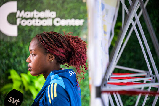 Evelyn Ijeh is interviewed by the media at a press event