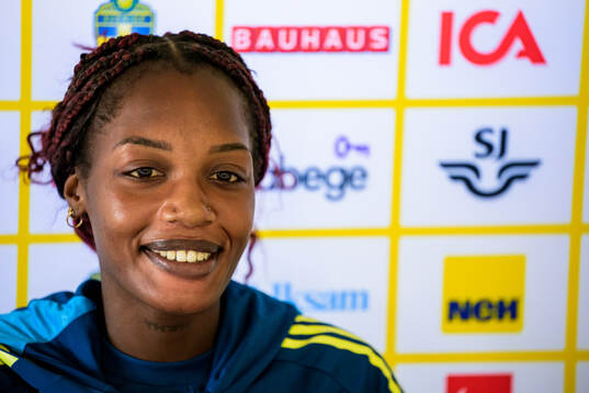Evelyn Ijeh is interviewed by the media at a press event