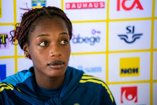 Evelyn Ijeh is interviewed by the media at a press event