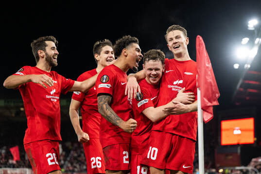 Emil Kornvig of Brann celebrates with Vetle Dragsnes,