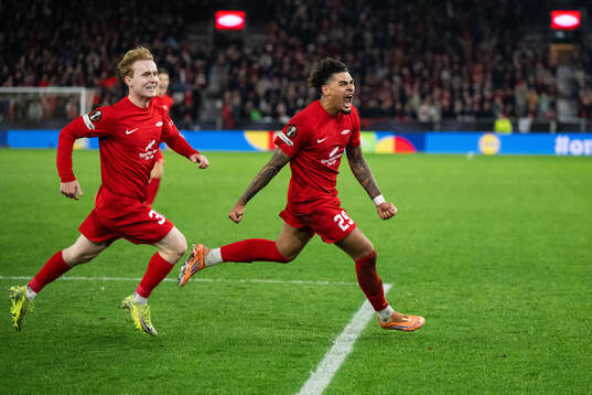 Noah Jean Holm of Brann celebrates with Markus Haaland