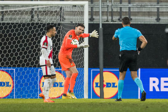 Goalkeeper Etrit Berisha of Häcken reacts against referee