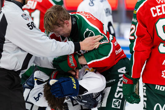 Frölundas Noah Hasa och HV71s Jamiro Reber fightas