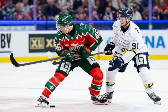 Frölundas Dominik Egli och HV71s Aleksi Heponiemi