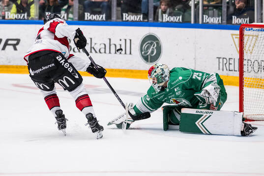 Malmö Redhawks Robin Hanzl och Rögles målvakt Arvid Holm
