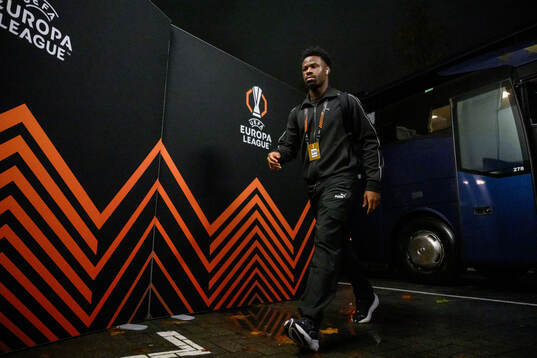 Emmanuel Ekong of Malmö FF arrives at the stadium