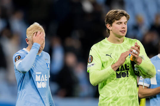 Otto Rosengren goalkeeper Melker Ellborg of Malmö FF look