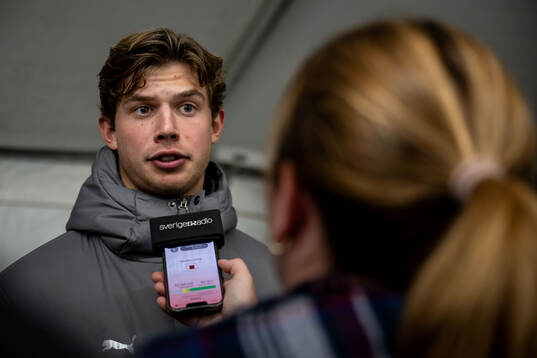 Goalkeeper Melker Ellborg of Malmö FF is being interviewed