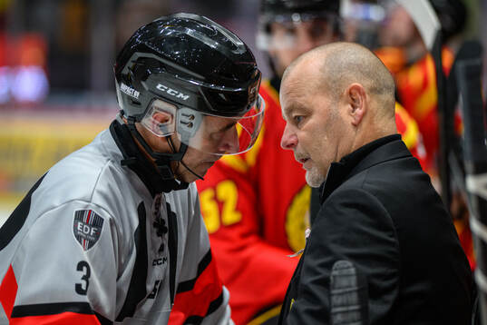 Domare Linus Öhlund i diskussion med Brynäs tränare