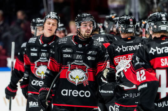 Malmö Redhawks Seth Barton jublar med lagkamrater