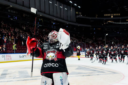 Malmö Redhawks målvakt Oskar Blomgren jublar