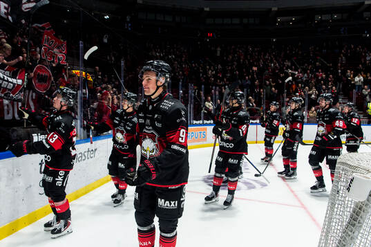 Malmö Redhawks Kalle Hemström och spelare jublar