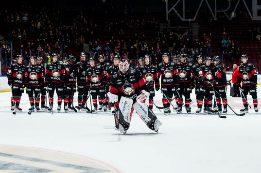 Malmö Redhawks målvakt Oskar Blomgren och spelare jublar
