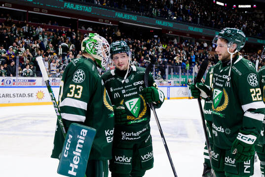 Färjestads målvakt Emil Larmi och Luke Philp