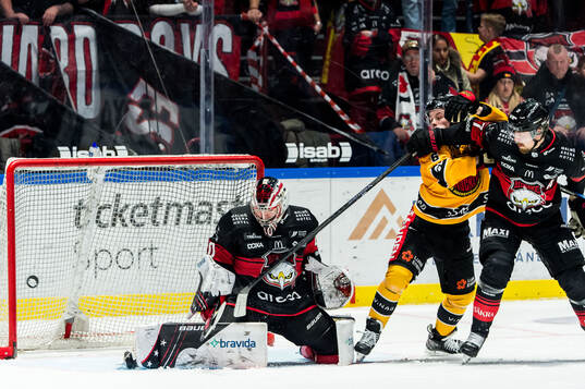 Luleås Isac Hedqvist och Malmö Redhawks målvakt Oskar