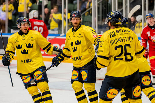Simon Ryfors of Sweden celebrates with Erik Brännström