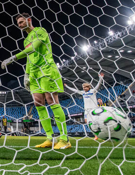Julio Enisco and Sebastian Nanasi of Strasbourg celebrate