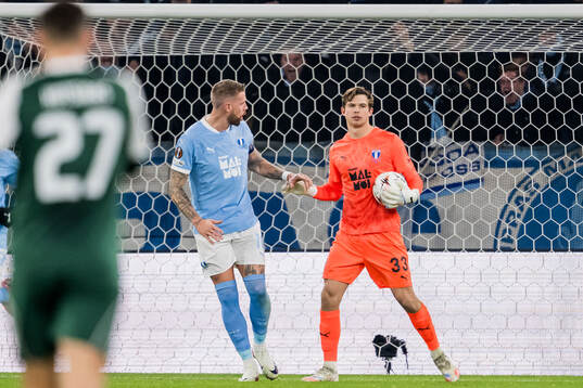 Pontus Jansson and goalkeeper Melker Ellborg of Malmö FF