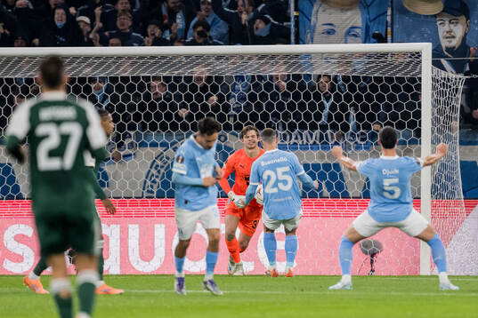 Goalkeeper Melker Ellborg of Malmö FF celebrates