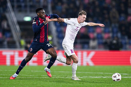 Jhon Lucumi of Bologna and Emil Kornvig of Brann