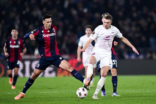 Emil Kornvig of Brann and Nikola Moro of Bologna