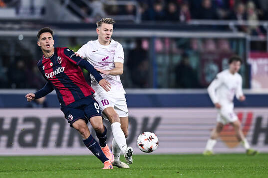 Emil Kornvig of Brann and Nikola Moro of Bologna
