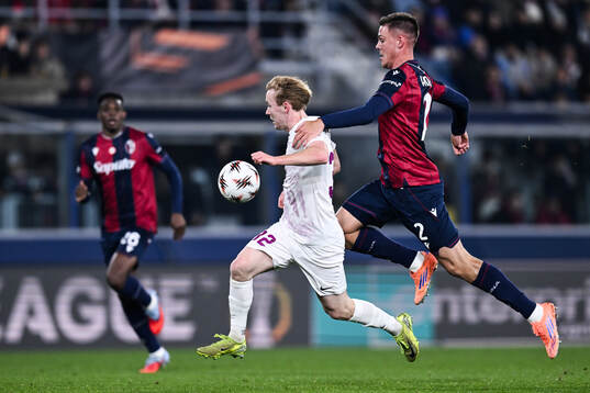 Markus Haaland of Brann and Emil Holm of Bologna