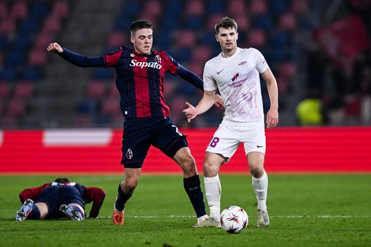Emil Holm of Bologna and Jacob Sørensen of Brann