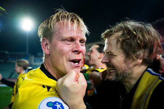 Eirik Wilberg Schulze of Start celebrates promotion to the