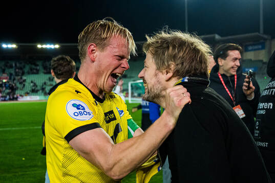 Eirik Wilberg Schulze of Start celebrates promotion to the