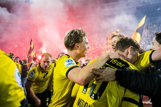 Players of Start celebrates promotion to the Eliteserien